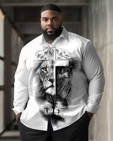Big Men's Casual Lion Jesus Ink Painting Print Lapel Long Sleeve Shirt